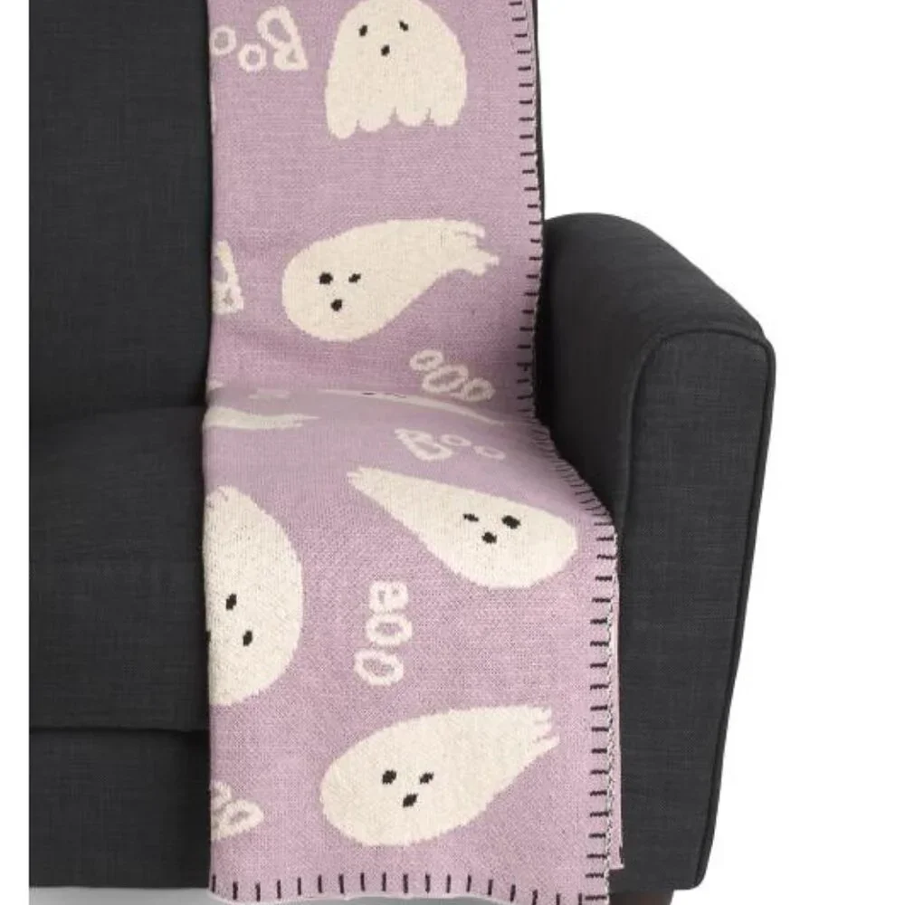 Spooky Night Halloween Lavender and White Ghost Throw, NEW